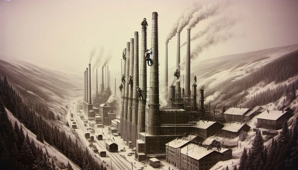 Historyczna ilustracja kominów fabrycznych i robotników pracujących na wysokości