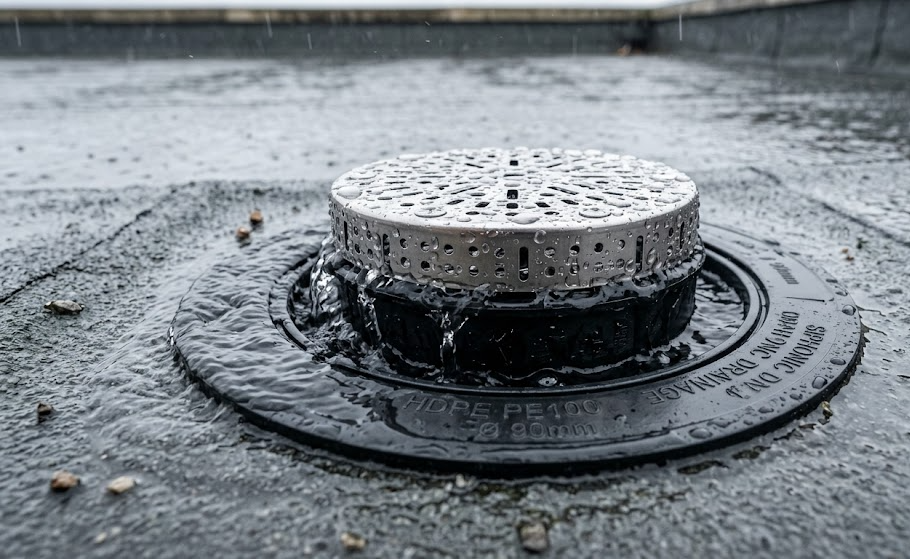 Wpust podciśnieniowy HDPE - detal komponentu odwodnienia dachu