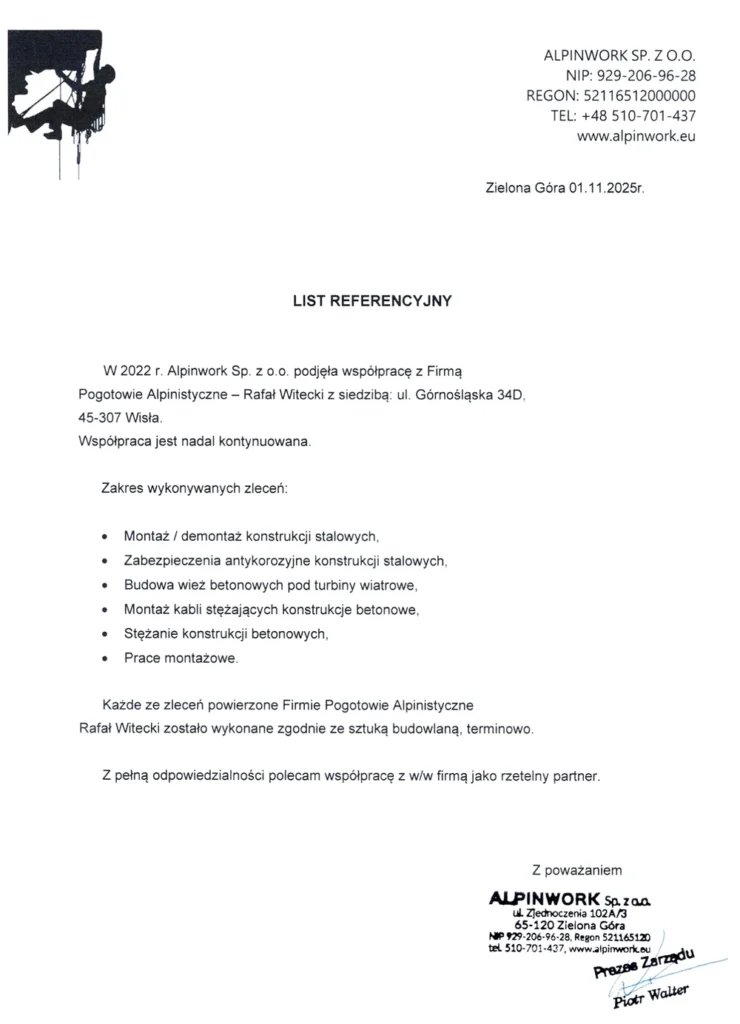 List referencyjny od Alpinwork Sp. z o.o. z Zielonej Góry za budowę wież pod turbiny wiatrowe i zabezpieczenia antykorozyjne konstrukcji stalowych