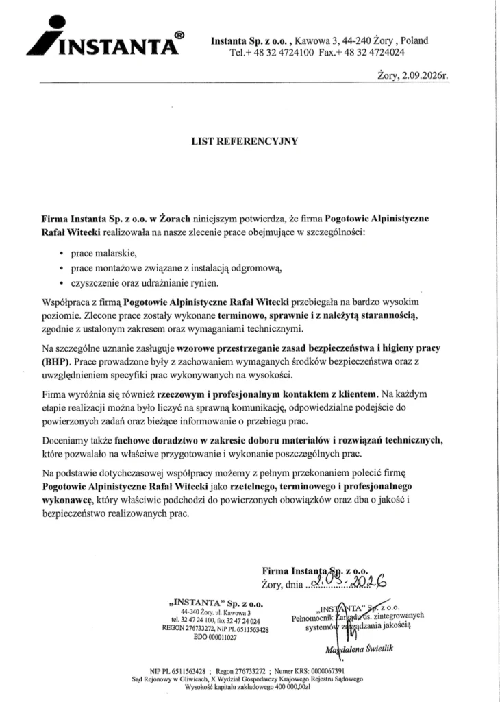 List referencyjny od Instanta Sp. z o.o. z Żor za prace malarskie, montaż instalacji odgromowej i czyszczenie rynien