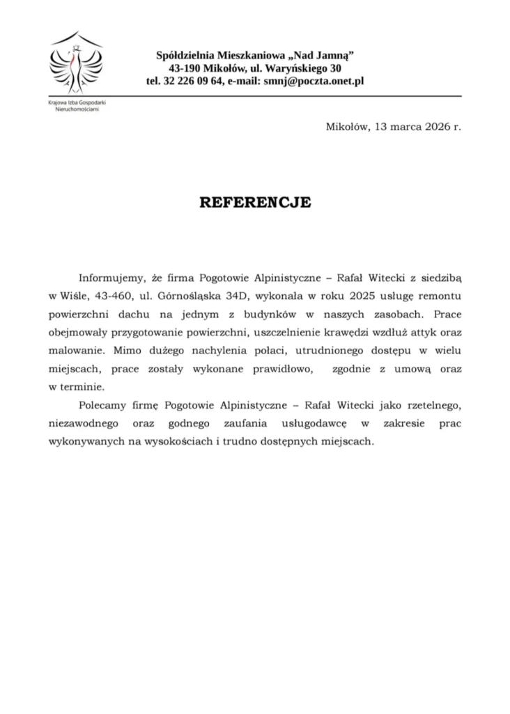 Referencje od Spółdzielni Mieszkaniowej Nad Jamną w Mikołowie za remont, uszczelnienie i malowanie dachu na wysokości