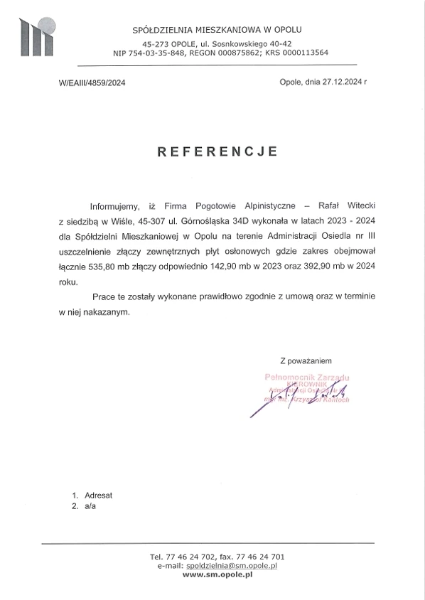 Referencje od Spółdzielni Mieszkaniowej w Opolu dla Pogotowia Alpinistycznego Rafał Witecki za uszczelnianie złączy płyt osłonowych