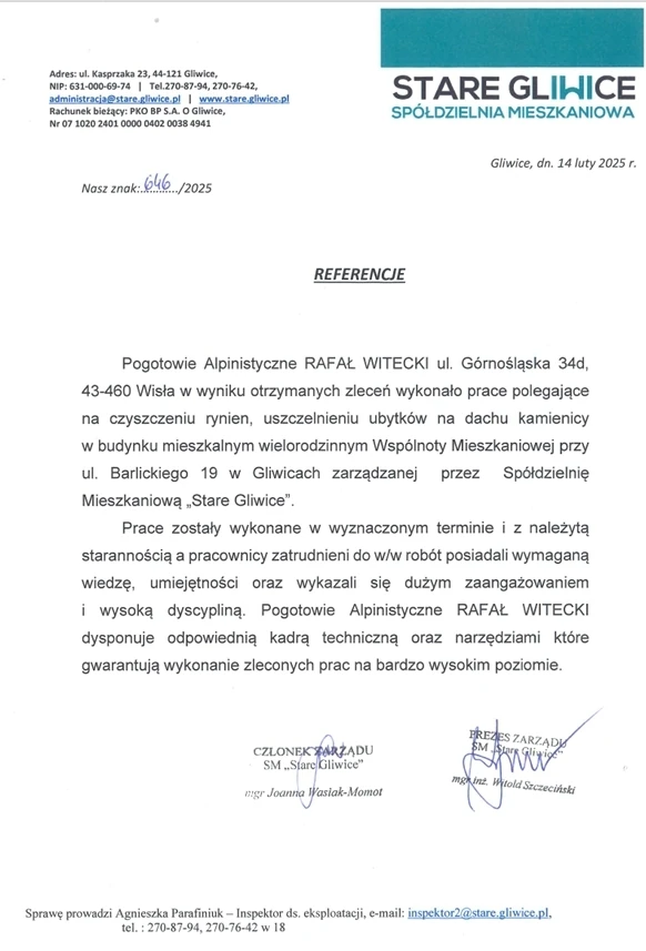Referencje od Spółdzielni Mieszkaniowej Stare Gliwice za czyszczenie rynien i uszczelnienie dachu kamienicy w Gliwicach